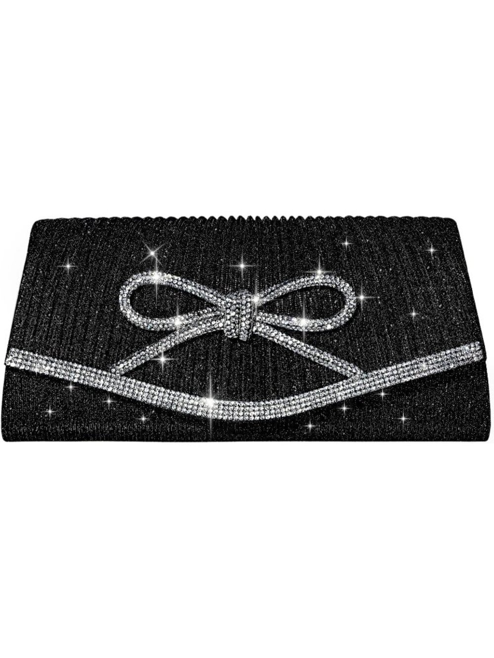 Women Bow Black Glitter Rhinestone Envelope Wedding Clutch Purse Evening Bag